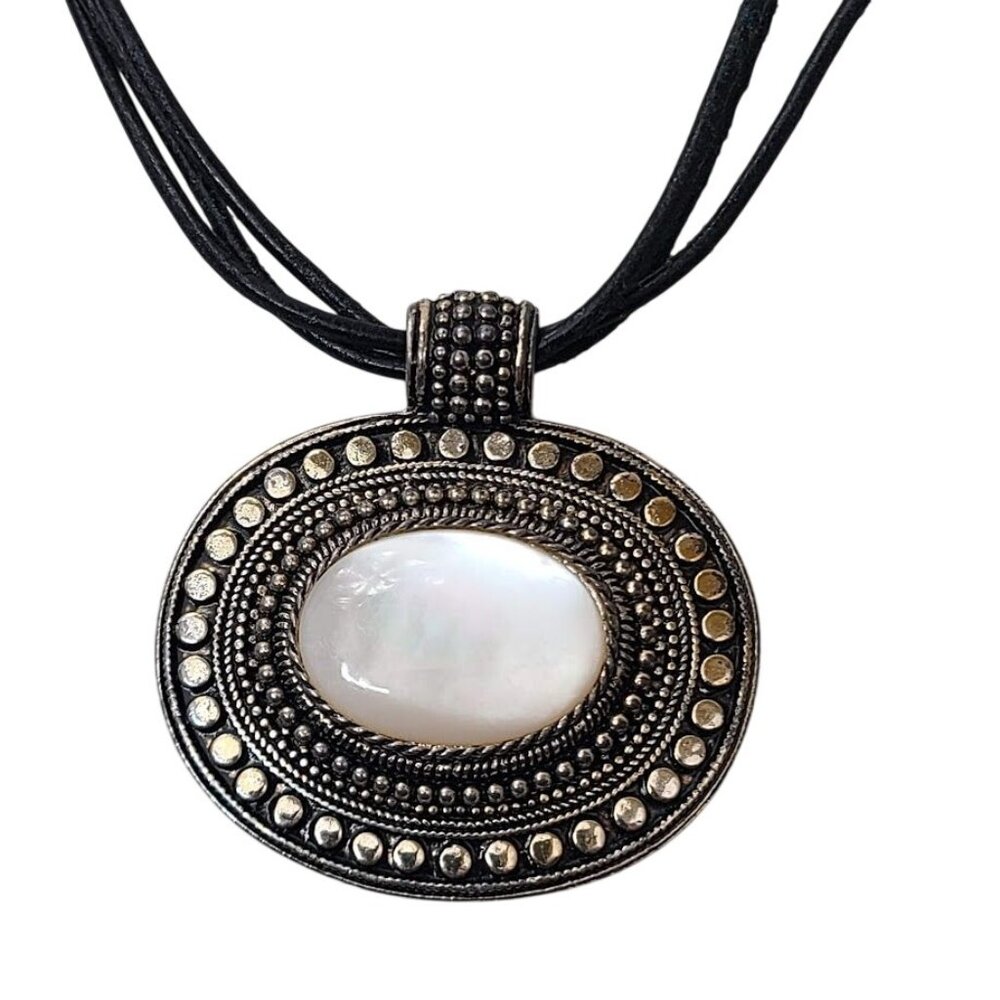 Oval White Cabochon Pendant Necklace Silver Tone Boho Statement Cord